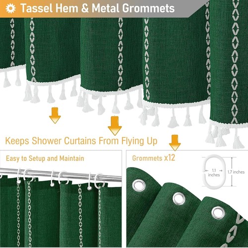 Ethereal 72x96 Emerald Green Long Shower Curtain - Machine Washable with Tassels - Picture 7 of 8