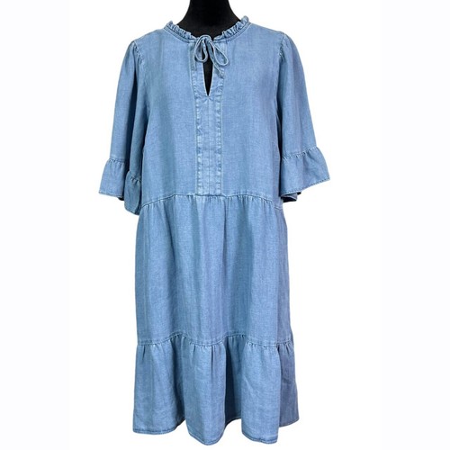 Loft Womens Large Blue Chambray Ruffle Tie Neck Tiered Swing Dress NEW