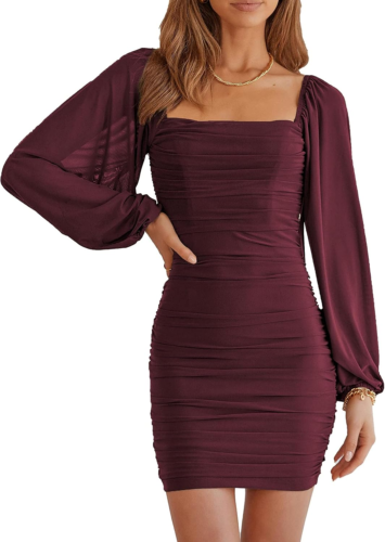Women Elegant Square Neck Lantern Long Sleeve Mini Ruched Bodycon Dress Stretch