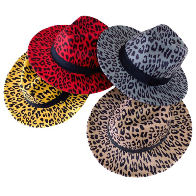 Women Men Stylish Leopard Print Jazz Fedora Hat Trilby Hat Hip Hop Flat  Brim Cap