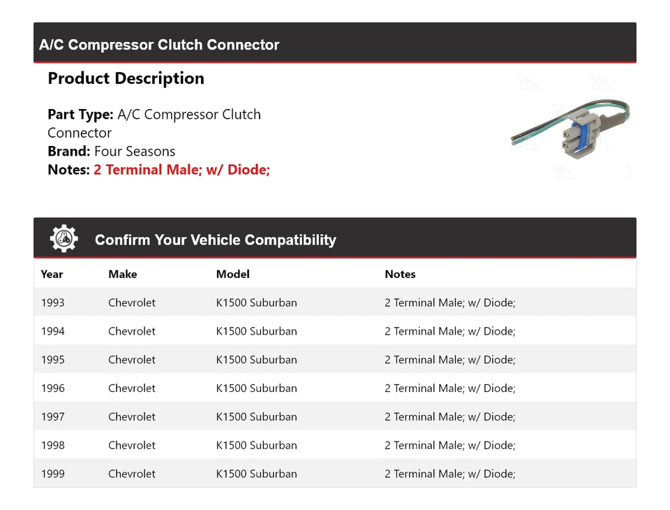 For 1993-1999 Chevrolet K1500 Suburban A/C Compressor Clutch Connector 4 Seasons - Image 2 of 4
