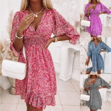 Women Floral Boho Midi Dress Ladies Summer Holiday Beach Swing Kaftan Sundress