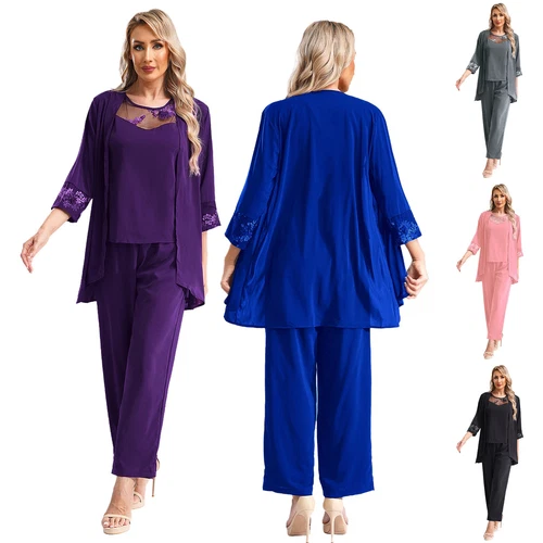 Womens 3 Piece Chiffon Pant Suits Tank Top Cardigan and Pants Evening Outfits - Picture 4 of 95