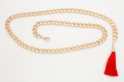 Cintura Donna Dressy Moda Girovita Hip Oro Metallo Catena Rosso Frange Nappa M L - Foto 3 di 12