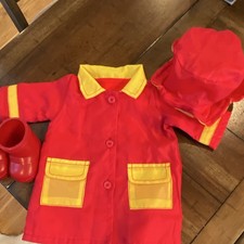Red and yellow 18 inch doll raincoat, hat and rain boots