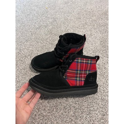 UGG Kids Neumel Heritage Plaid Black Suede Red Tartan Boots 1112151K Size 1