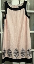 J Howard Pink W/ Black Embroidery Sequin Trim Shift Linen Sleeveless Dress SZ 14