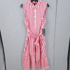 Jones New York Striped Midi Sleeveless Belt Tie Shirtdress Womens Size L NWT