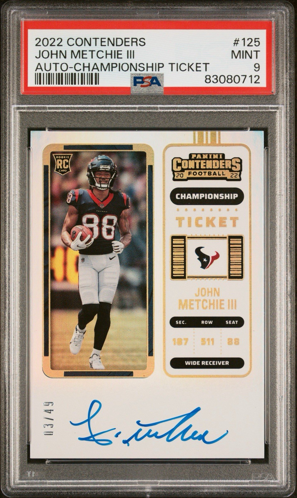John Metchie 2022 Panini Contenders Championship Ticket Auto /49 PSA 9 Rookie