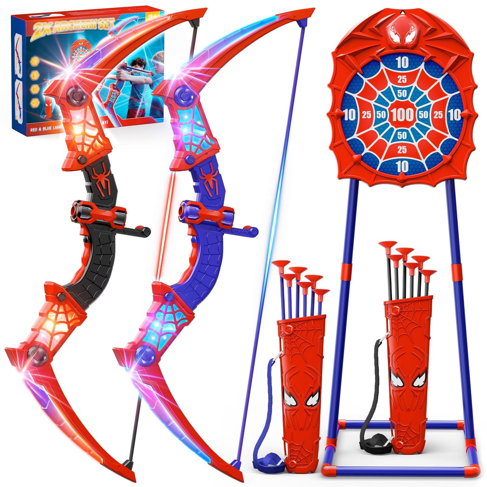 Giocattoli per 3-12 Anni Bambino, 2 Arco e Freccia Ragno con Luci LED Rosse e Bl