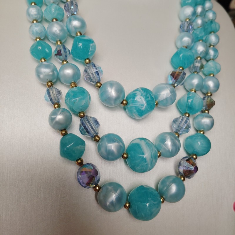 Vintage Aqua Blue Lucite AB Glass Beaded Multistrand Necklace 14"-16"