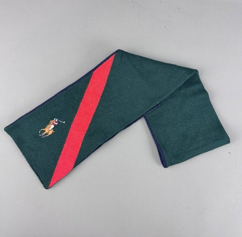 VTG Polo Ralph Lauren 100% Wool Green Scarf Pony Logo Red Stripe Blue Trim
