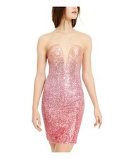 BEBE Womens Pink Sweetheart Plunge Cap Sleeve Mini Party Body Con Dress L