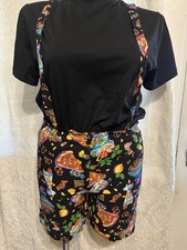 Vintage 80s Rayon Shorts  Suspenders Fun Bright Pizza Print Size L Made in USA