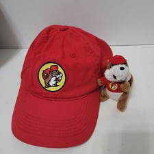 Buc-ees Hat, Red Baseball Cap Embroidered Logo, AND Beaver Plush Keychain
