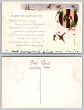 Vintage Christmas Postcard Birds Holly Snow Poem Greetings Made in USA
