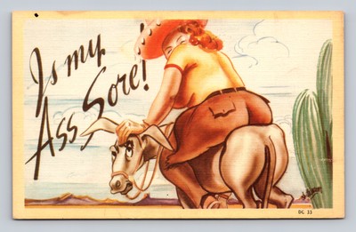 Vintage Comic Postcard Woman on Donkey with 'Is My Ass Sore!' Caption