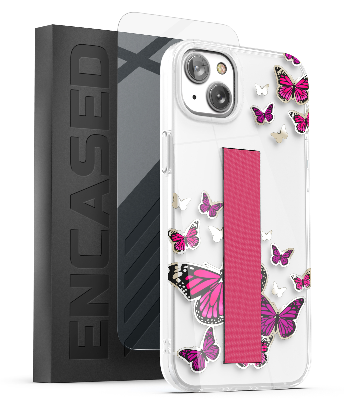 iPhone 14 Clear Pink Butterfly Case with Strap Hand Holder Loop  