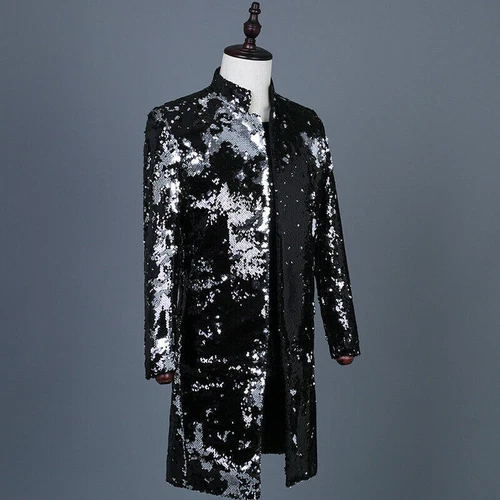 Men Reversible Two Tone Sequin Longline Jacket Suit Blazer Cabaret Carnival Tops - Picture 6 of 21