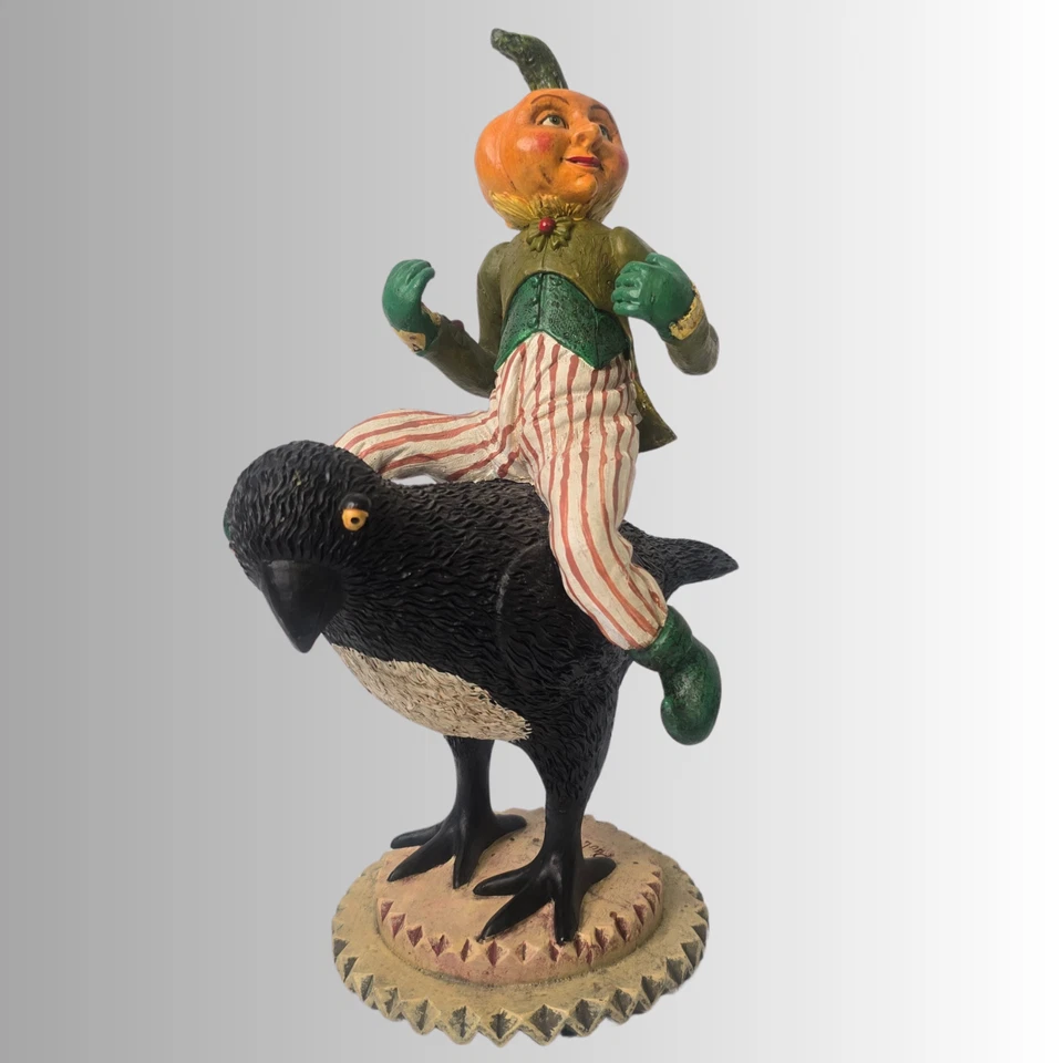 Whimsical Paul Gordon Pumpkinhead Figurine on Crow–11.5" Estate Folk Art Decor  - Image 4 of 4