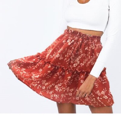 NEW TSHER Ditsy Floral Polyester A Line Flared Skirt with Drawstring Size Large