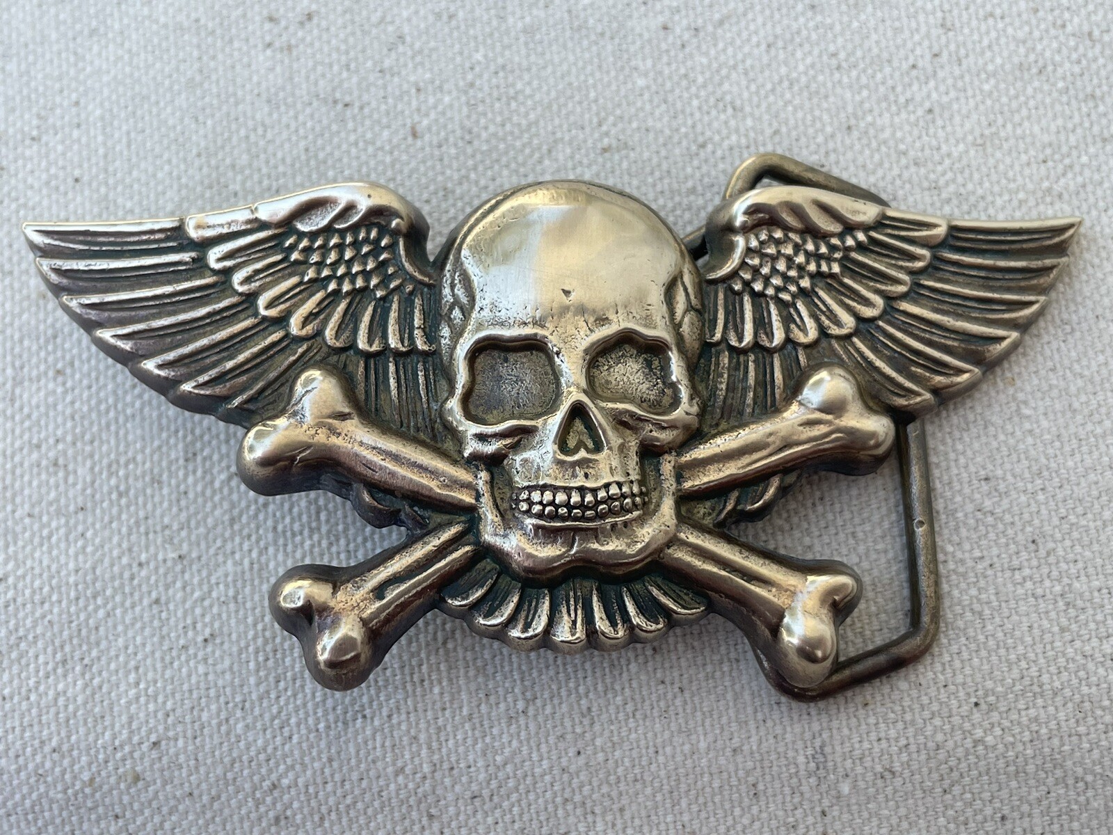 1979 Solid Brass Skull Crossbones Wings Belt Buckle B… Gem