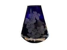 Vintage Cobalt Blue Etched Floral Glass Flat Fan Vase  Studio Art Signed Coyle
