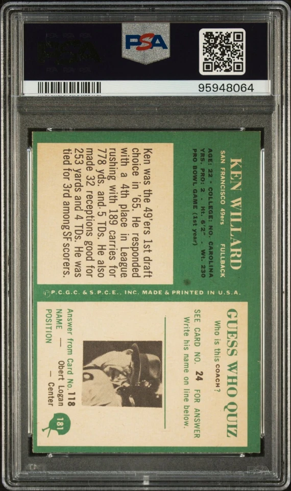 1966 Philadelphia PSA 7 Ken Willard card  #181 Freshly Graded! - Image 2 of 2