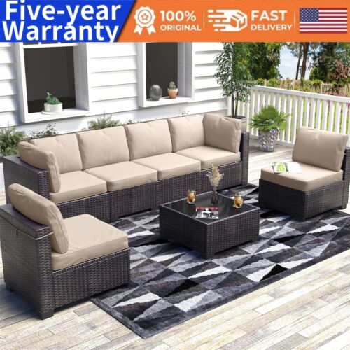 ⭐7-Piece Outdoor Patio Furniture Set PE Rattan Wicker Sectional Modular Sofa Set