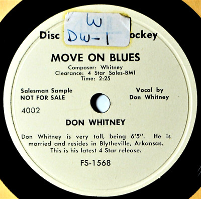 78 RPM Don Whitney Move On Blues / When You're Lovin Me NM DJ Western -Coupons!
