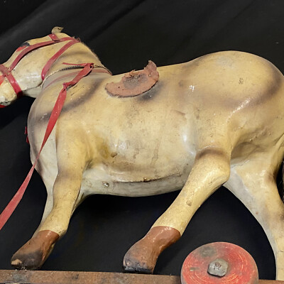 Ancien Cheval à Roulettes En Carton Bouilli – Jouet D’enfant Vintage – France – Années 1920