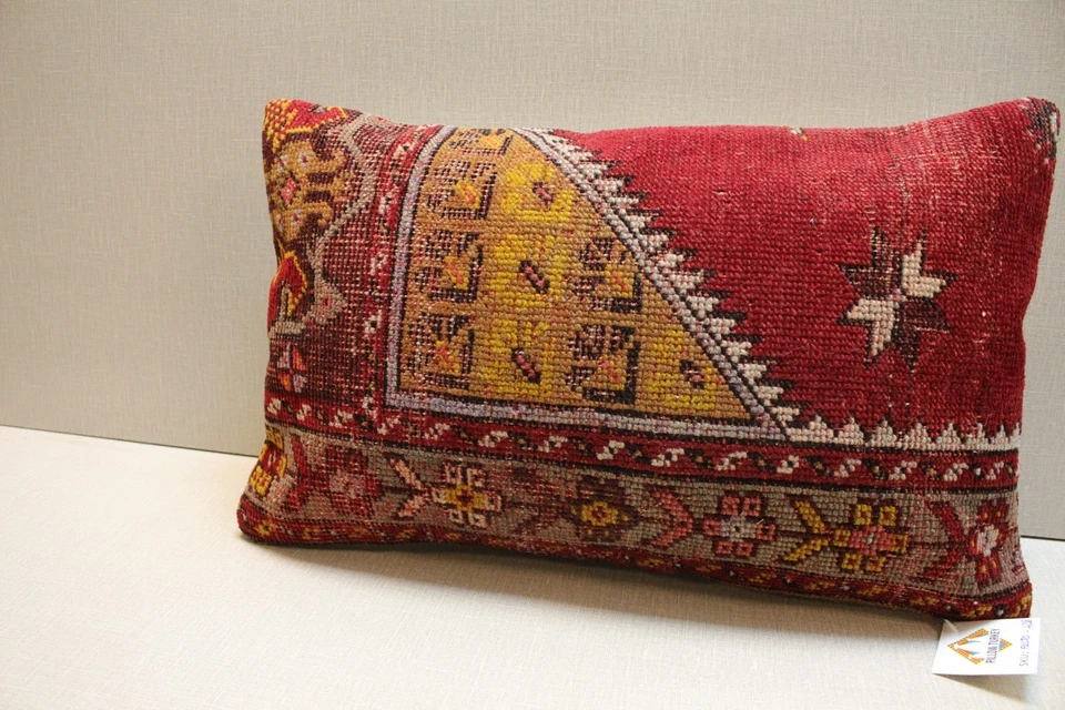Vintage Turkish Kilim Pillow Cover 12x20 Red Yellow Tribal Rug Cushion Handmade - Image 3 of 4