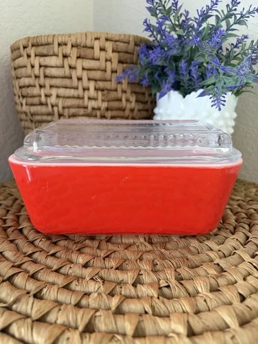 VTG Pyrex Glass Refrigerator Dish Casserole 0502 1 1/2 pt with Lid Primary Red