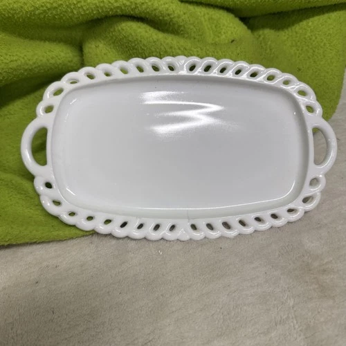 Indiana Glass White Milk Glass Tray with Open Handle Edges Trinkets Butter Dish