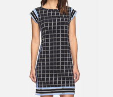 MICHAEL KORS Navy Blue Cap Sleeve Grid Border Print Shift Dress Size M