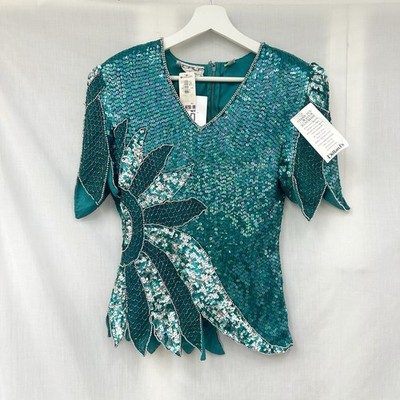 Vintage SCALA Women s Size S NEW Sequin Beaded Teal Silk Top Cocktail Blouse