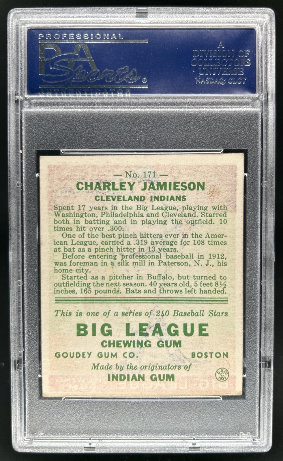 1933 Goudey R319 Charlie Jamieson Rookie RC #171 Indians PSA 2 view 2