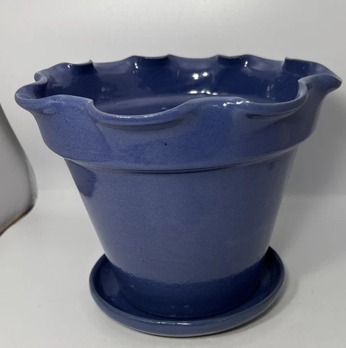 Vintage Bybee Pottery Blue Flower Pot With Ruffled Rim And Saucer Handmade In KY