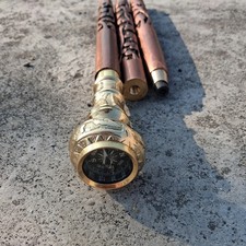Vintage Brass Compass Walking Cane Wooden Stick Handmade Antique Gift Decor Men