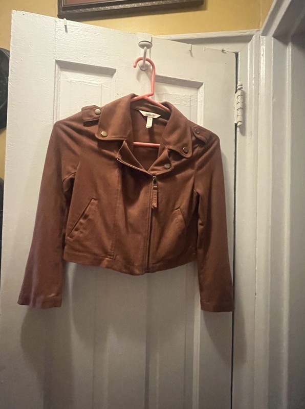 Matilda Jane Women Jacket Faux Suede Moto Brown Girls Zipper Snap Collar Size 10