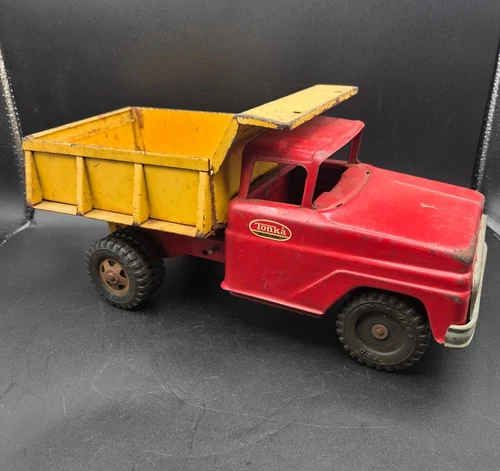 1960s Tonka Red Yellow Metal Dump Truck All Black Tires 'Missing Windshield'