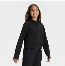 Girls' Woven Jacket All In Motion Black L 10/12 Black New W Tags Thumhole Cuffs