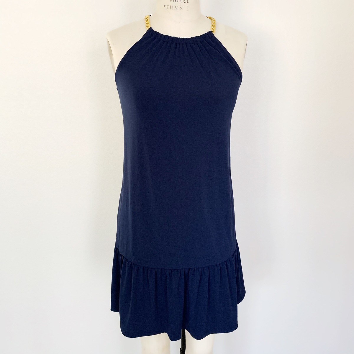 michael kors navy halter dress MICHAEL KORS Sz Med Blue/Gold Chain Halter Dress