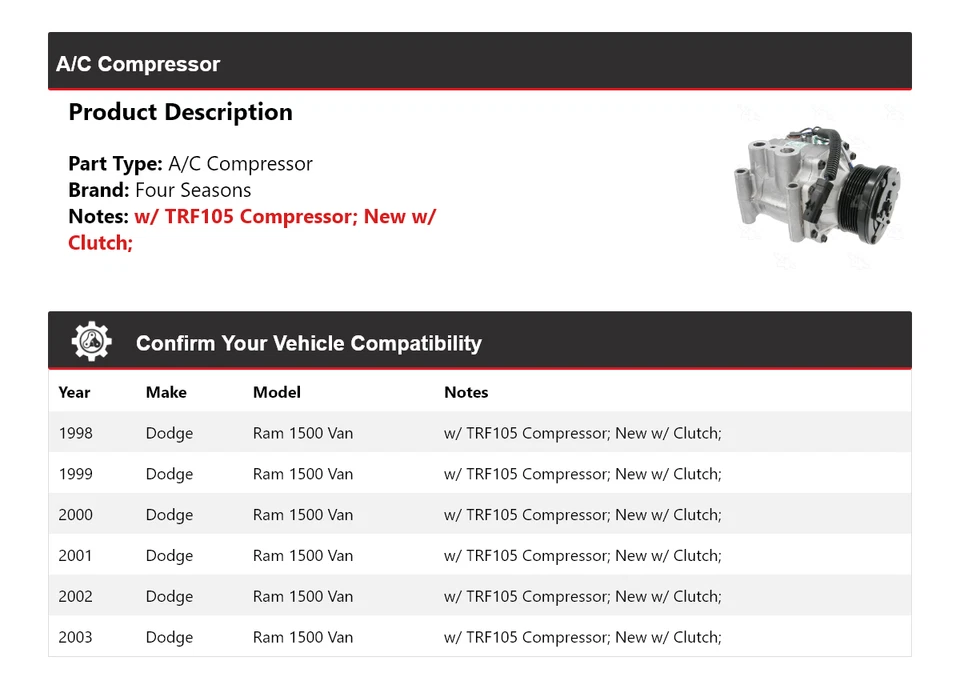 Компрессор кондиционера для Dodge Ram 1500 1998-2003 годов выпуска 4 сезона 1999 2000 2001 2002 - Изображение 2 из 4