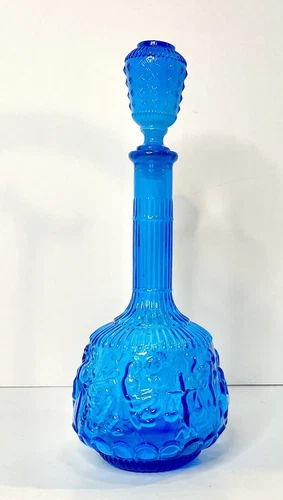 Vintage Empoli Italian Blue Glass Zodiac Genie Bottle Decanter with Stopper