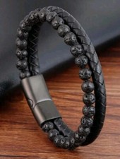 Black Leather Beaded Style Bracelet Wristband Bangle