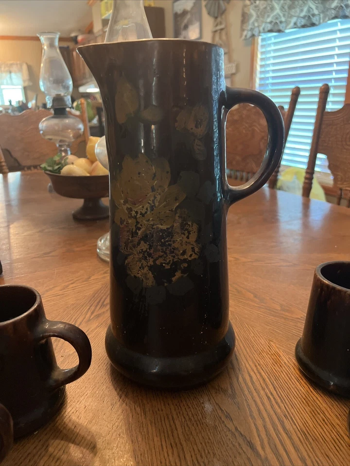 Винтажный 1920-х Bennington цветочный коричневый капельная глазурь керамический кувшин и 4 кружки комплект GC - Изображение 2 из 4