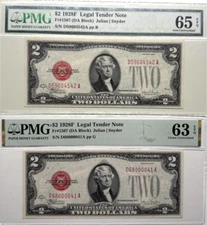 PAIR OF 2 PMG 65/63 EPQ 1928F 2$ 4542A/0041A