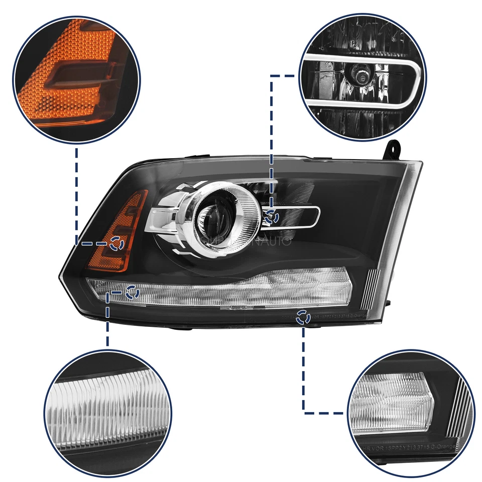 For 2013-2018 Dodge Ram 1500 2500 3500 Black Projector Headlights w/ LED DRL - Imagem 3 de 4