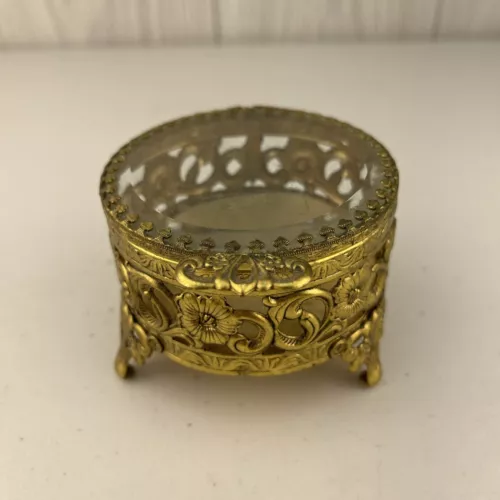 VTG Gold Glass Top Trinket Jewelry Box Hollywood Regency Vanity Dresser Bureau